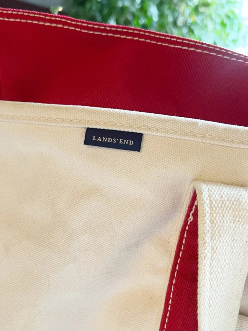 Lands End X-Large Christmas Tree Canvas Tote Cream & Red